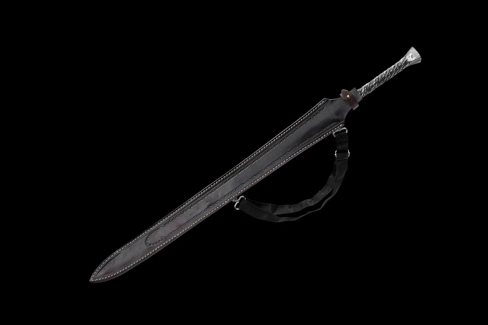 medieval Viking era samurai sword and a folded Damascus steel one-piece sword are ready for battle, handcrafted sharp weapons