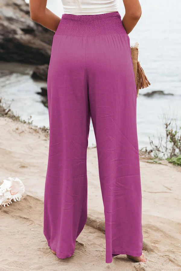 Women's casual pants with drawstring, mid waist, beach wide leg, spring and summer, European and American pants