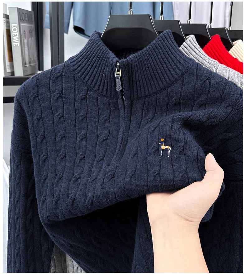 High end brand fashion jacquard sweater cartoon dog embroidery zipper semi high neck autumn winter warm men's knitted pullover