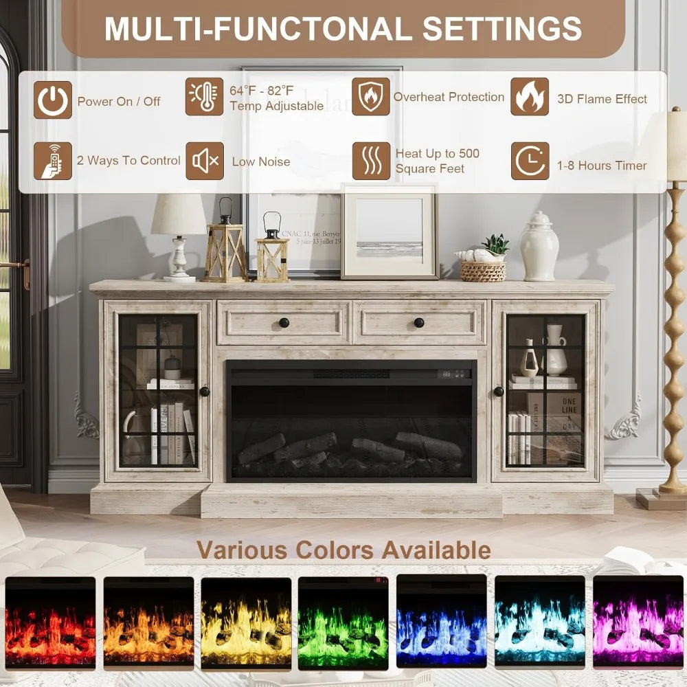 Modern Farmhouse Entertainment Center with Electric Fireplace LED Lights - TV Stand for up to 80'' TVs 70'' Media ，Customized