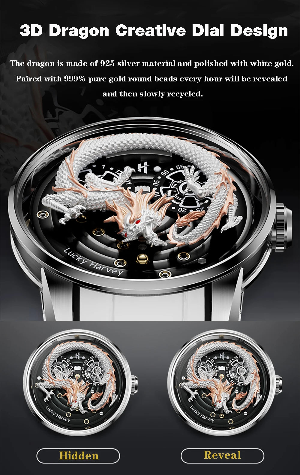 Lucky Harvey Chinese 3D Engraving Dragon Dial Automatic Mechanical Watches for Men Sapphire Crystal Business Fashion Watch