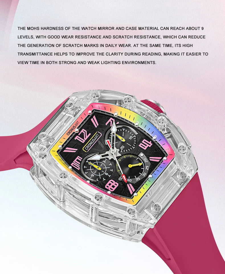 CRONUSART Men Automatic Watch 50mm Tonneau Chronograph Mechanical Wristwatch 5ATM Luminous Sapphire Case & Mirror Meteorite Dial