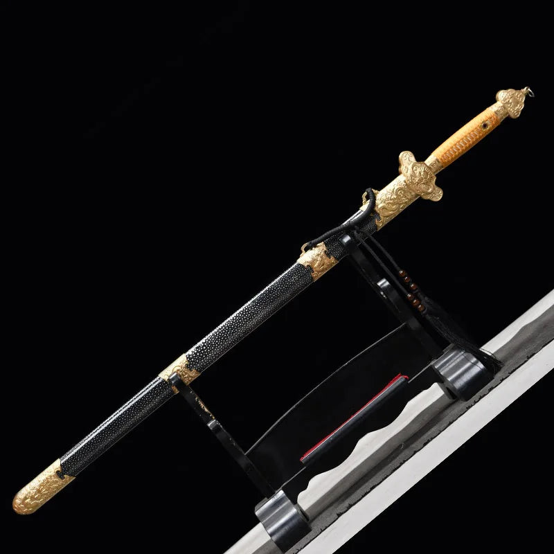 Premium Chinese Han Sword Folded Steel Damascus Blade Sharp Real Full Size Rayskin Scabbard Ready Battle Kongfu Dragon Katanas