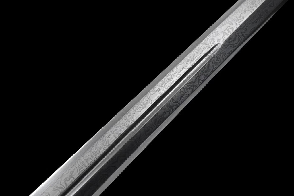 medieval Viking era samurai sword and a folded Damascus steel one-piece sword are ready for battle, handcrafted sharp weapons