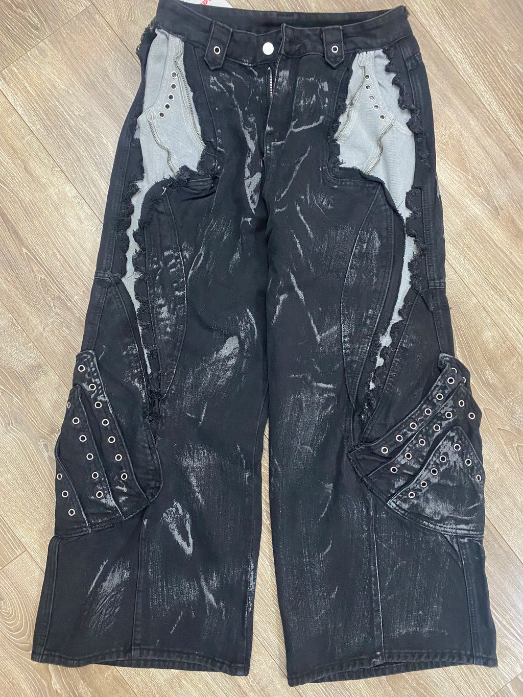 High Street Men's Denim Trousers Patchwork Contrast Color Drawstring Raw Edge Dirty-dying Worn-out Male Jeans New