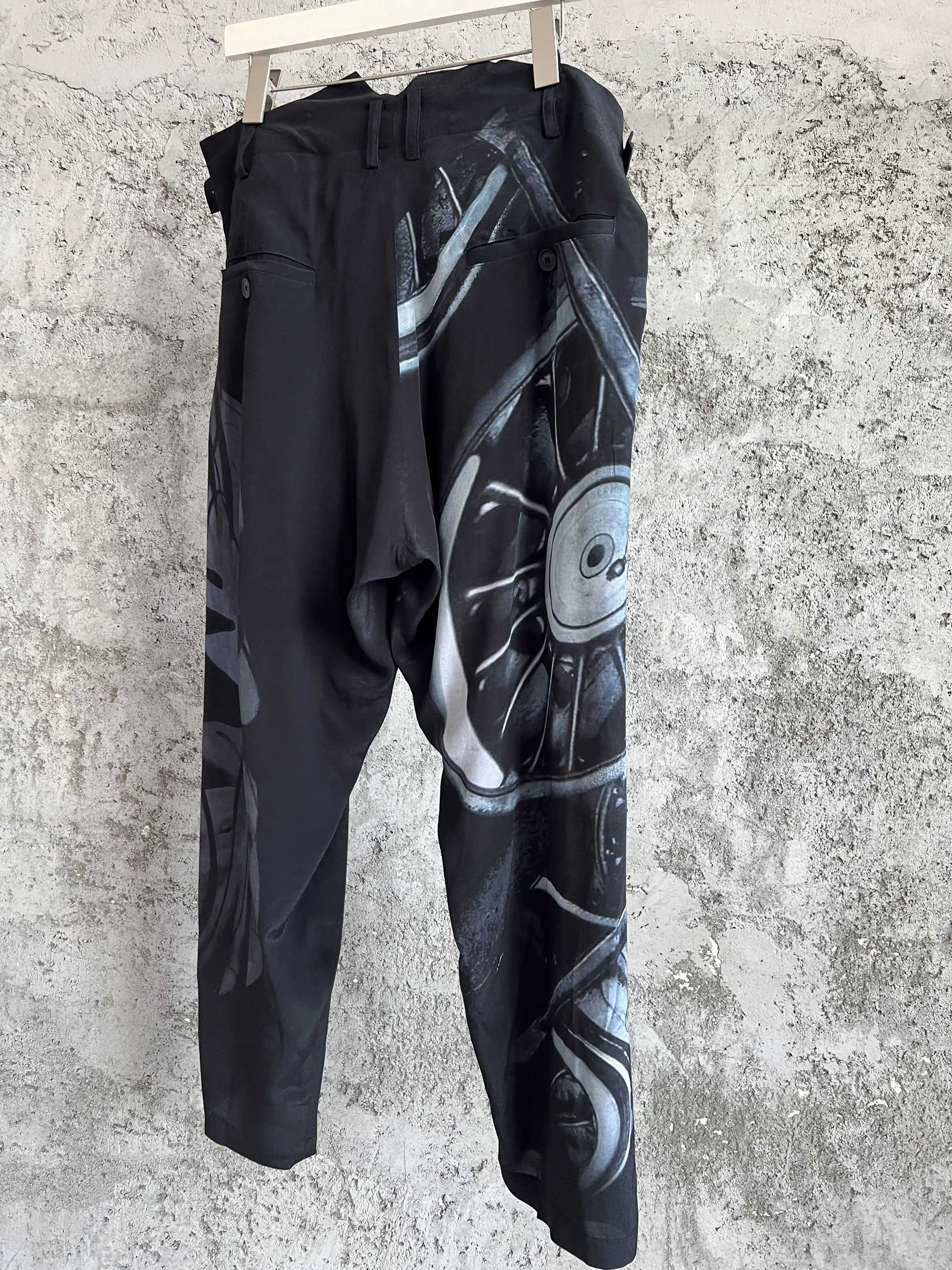 TOP-YAMAMOTO design sense asymmetrical printed casual pants nine-inch straight pants wheel pattern