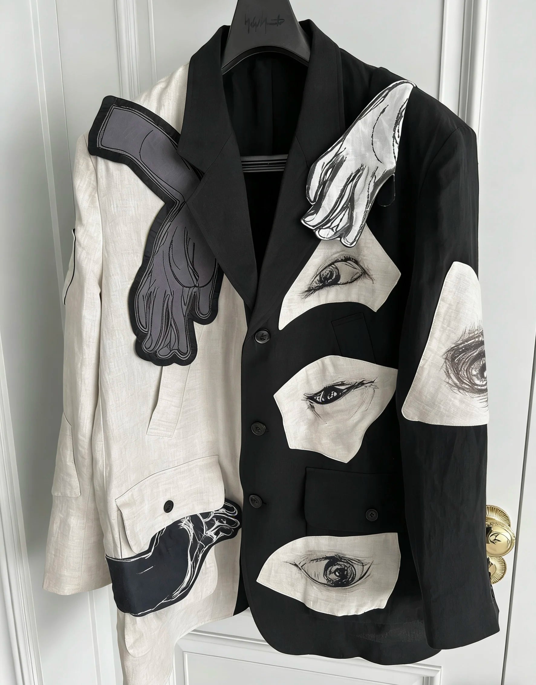 TOP-YAMAMOTO original design eye and hand linen patchwork patch suit Black and white suit