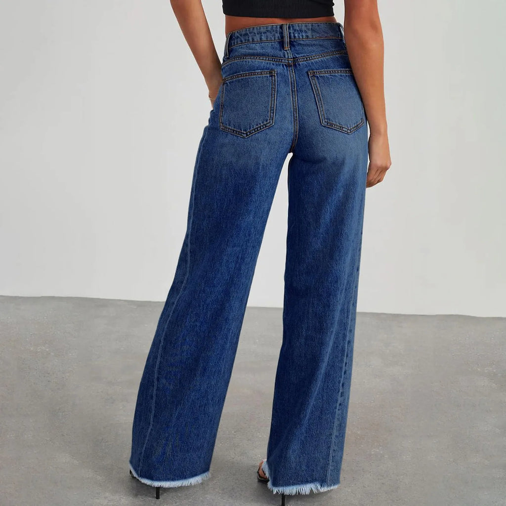 Retro High Waist Straight Leg Jeans Women's Fashion Cross-Border Frayed Hem New Style Side Seam Patchwork Distressed