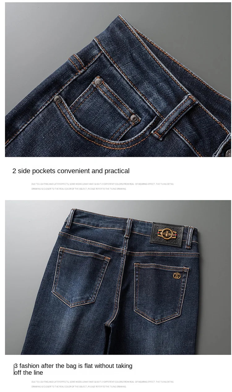 Light Luxury Blue Jeans Men's Autumn and Winter Thick 2024 New Simple and Versatile Casual Stretch Slim High-End Trousers
