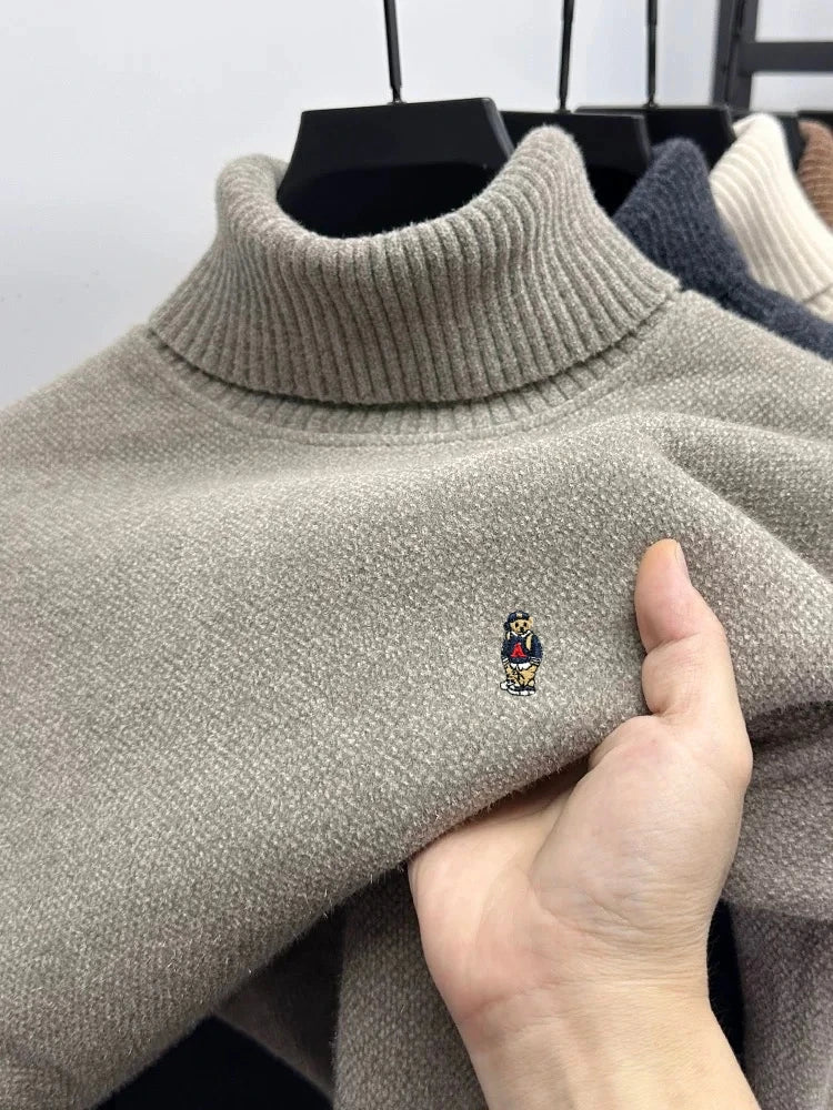 Brand cartoon bear embroidered high neck sweater luxury high end brand trend knit pullover casual warm plush comfort men's wear