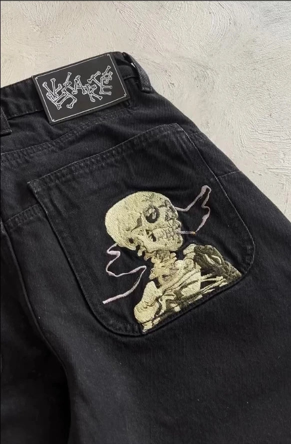 Thriller Zombie Full Embroidery Hip Hop Punk Jeans Men Women High Waist Straight Wide Leg Denim Pants Y2k Retro Baggy Jeans
