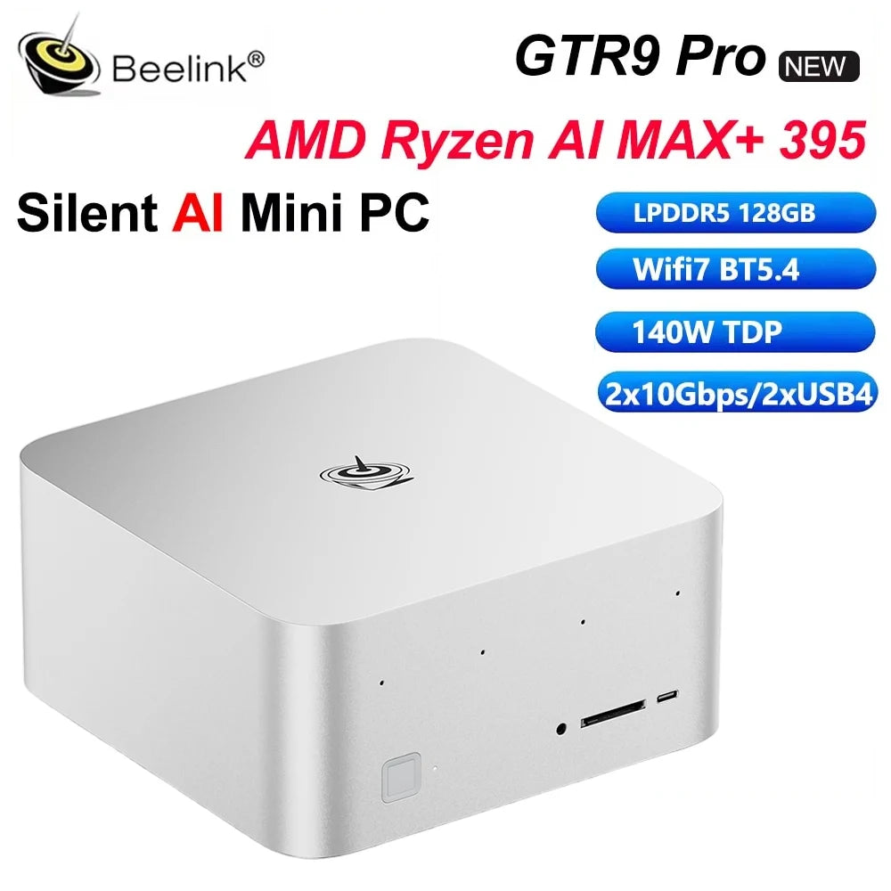 Beelink GTR9 Pro AMD Ryzen AI MAX+ 395 AI Mini PC Windows 11 LPDDR5 128GB 2TB Wifi7 BT5.4 8K Fingerprint Desktop Gamer PC