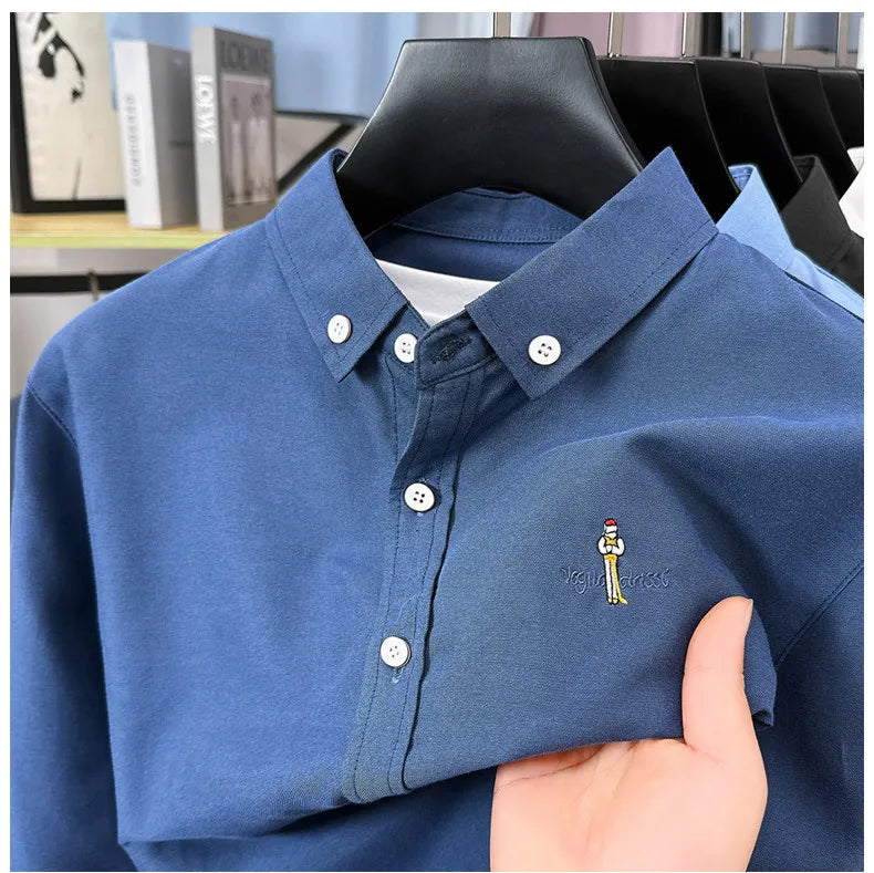 Light luxury fashion men's long sleeve shirt brand cartoon embroidery high-quality business casual solid color golf lapel top