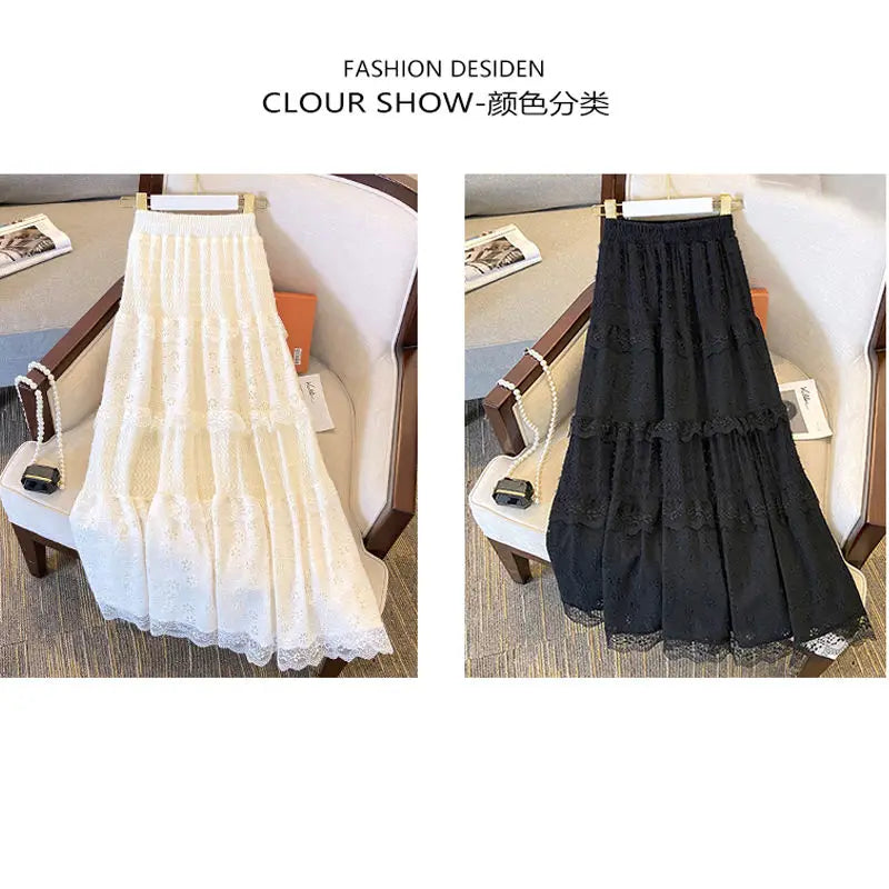 Lace Skirts Women French Style Ankle-length High Elastic Waist Hollow Out Patchwork New Loose Slim Korean  A-line Sweet Fit