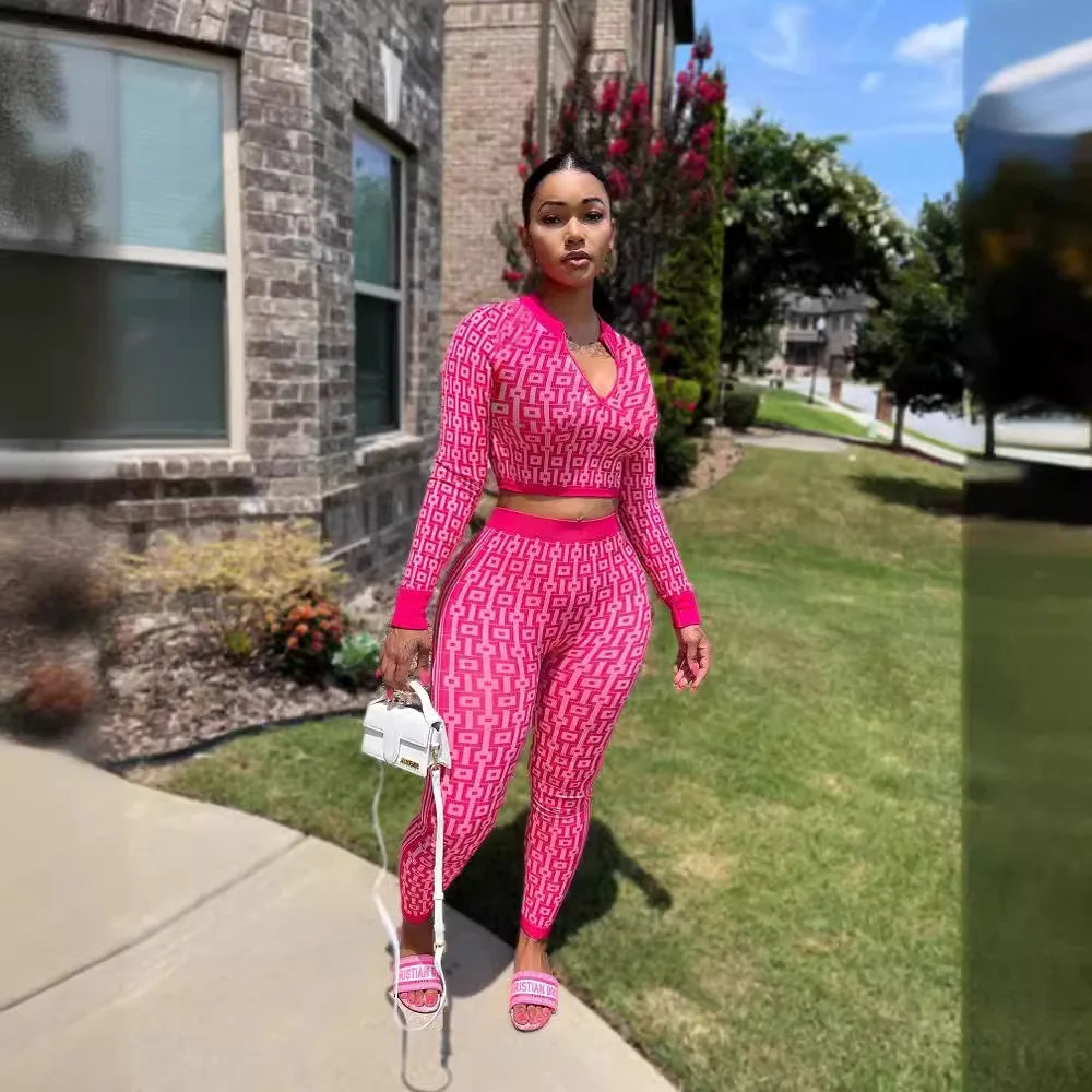 Autumn And Winter Women's Stretch Knitted Printed Women's Suit Long-sleeved Tight Sports Yoga Two-piece Set For Women