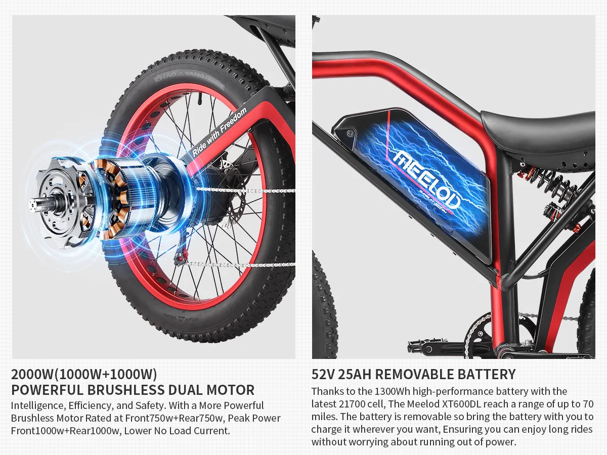 MEELOD XT600DL  Adult E-bike 26-inch Fat Tire E-Mountain bike 1000W*2 motor  52V25Ah battery commute Electric Bike