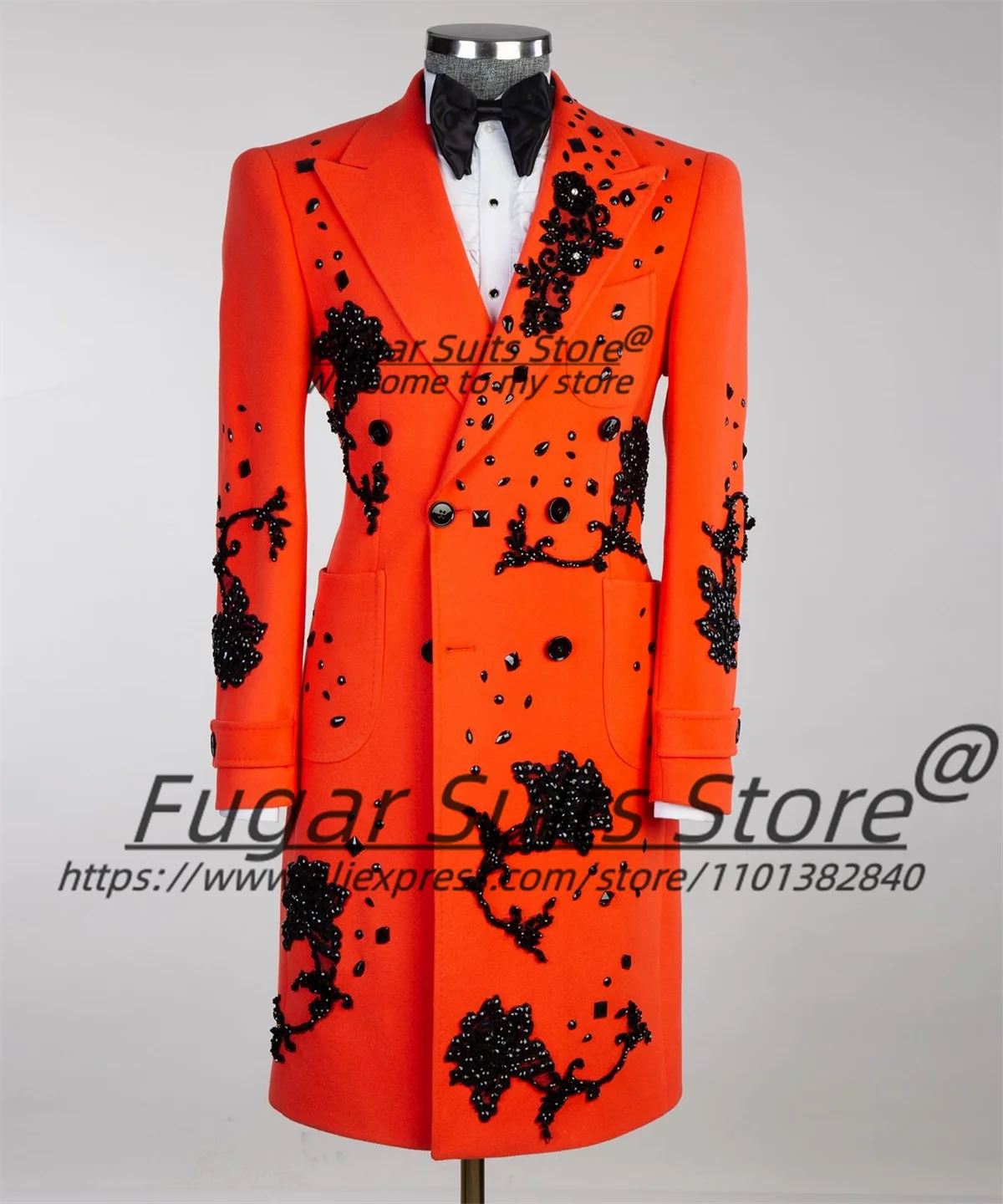 3D Beading Luxuly Long Male Blazers Slim Fit Peak Lapel Groom Wedding Tuxedos Business Men Suits 2 Pcs Fashion Costume Homme