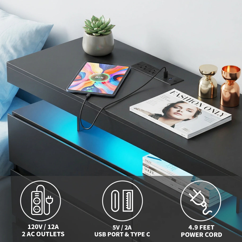 6-Drawer Dresser with Power Outlet with LED Light, Modern Chest of Drawers for Closet, Drawer Organizer Cabinet for Bedroom