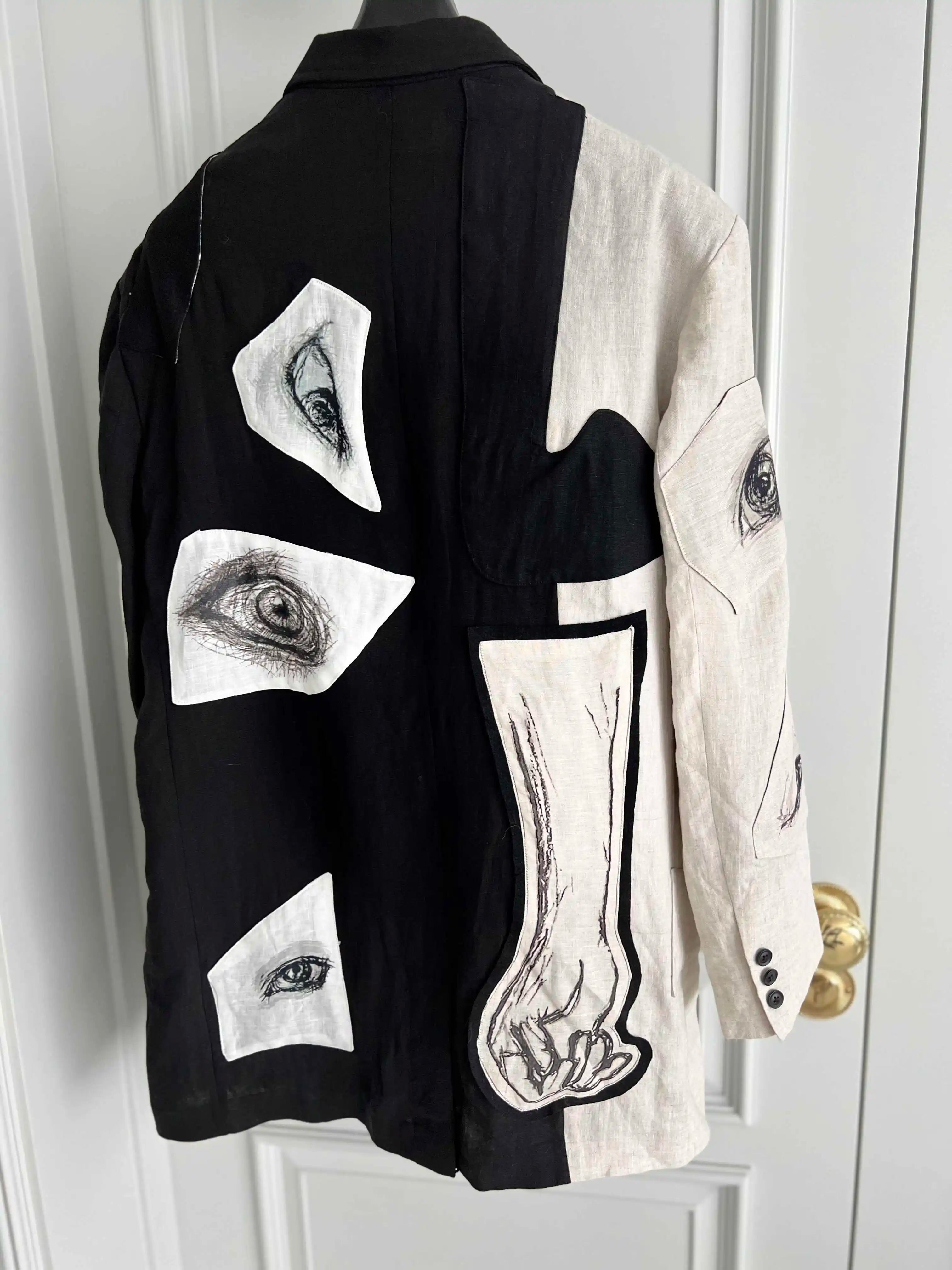 TOP-YAMAMOTO original design eye and hand linen patchwork patch suit Black and white suit