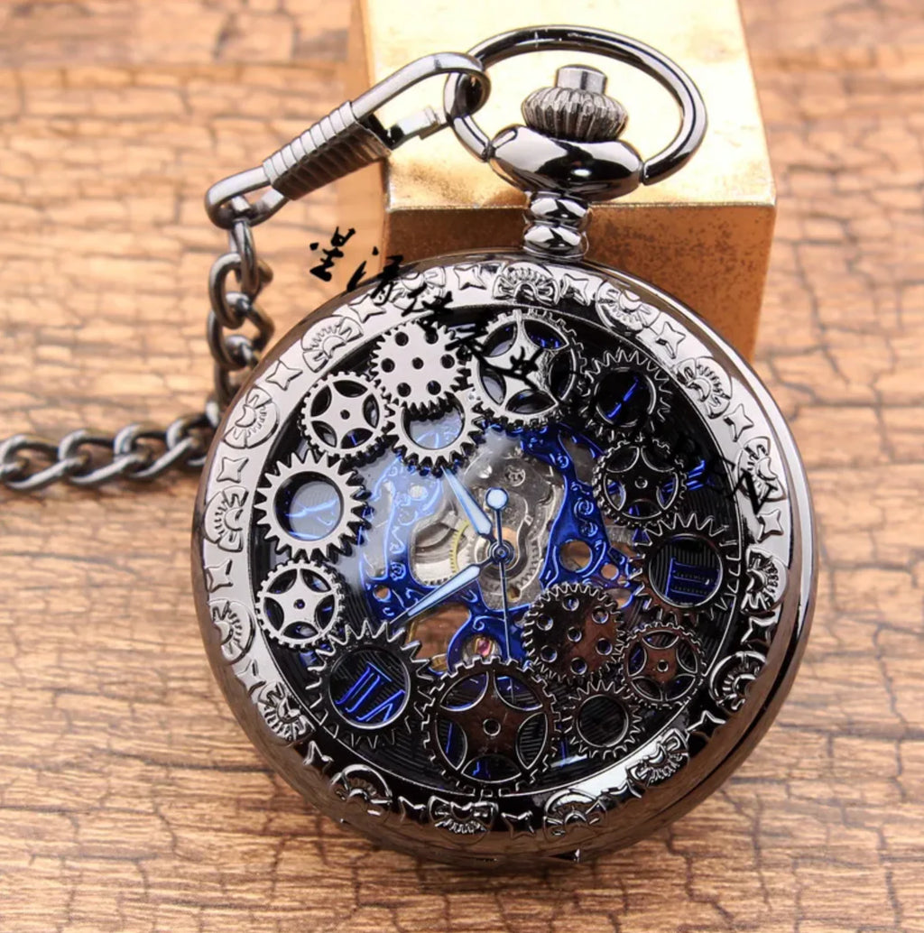 10pcs/lot Hollowed Black Gear Mechanical Pocket Watch with Chain  Pocket Watches Men Steampunk Gift Watches