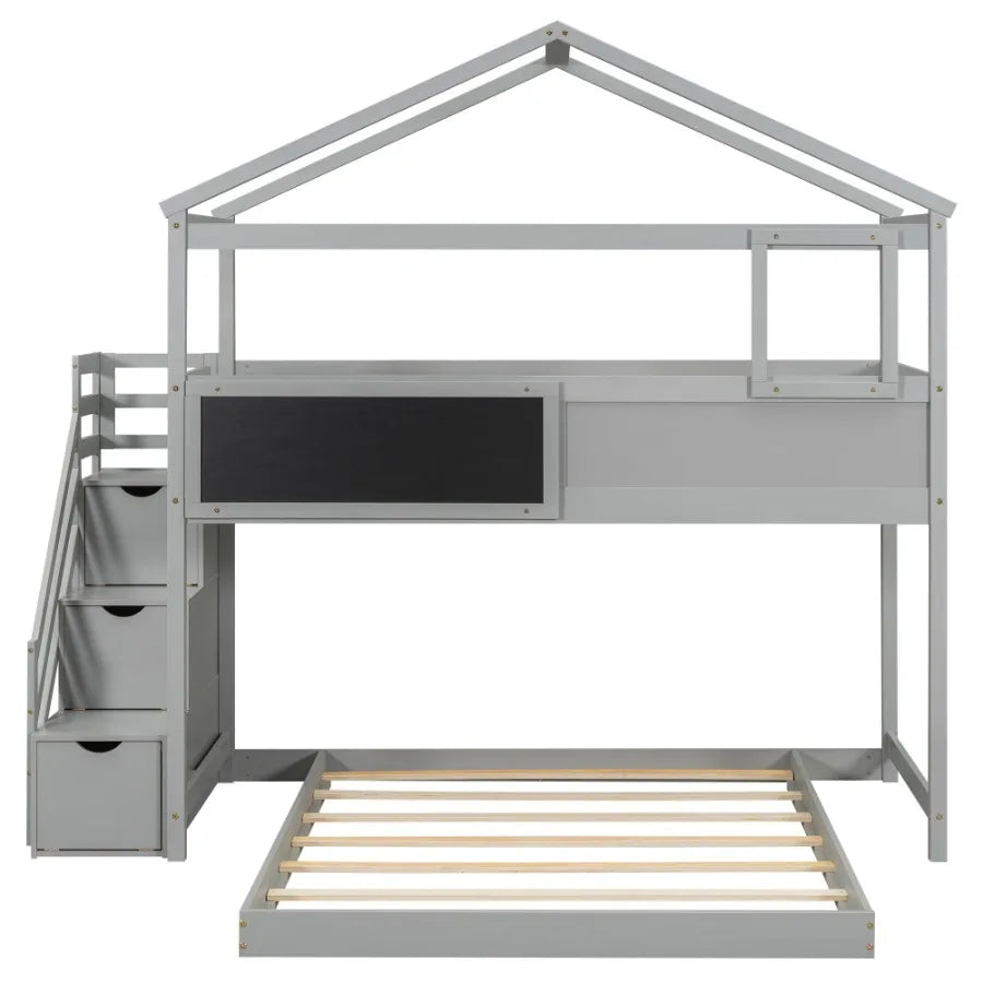 Twin over Full House Bunk Bed with Storage Staircase and Blackboard Gray Old SKU: GX001701AAE