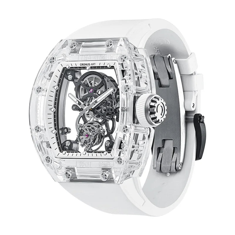 CRONUSART Men Tourbillon Watch 50mm Tonneau Mechanical Wristwatch Sapphire Case Mirror Luminous Fluororubber Strap Skeleton Dial