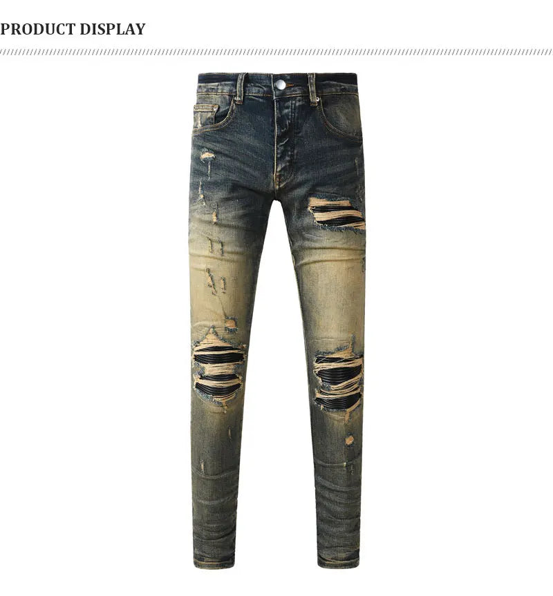 Y2k new men's jeans washed nostalgic perforated black leather patch deep blue jeans high street designer hip-hop brand high-qual
