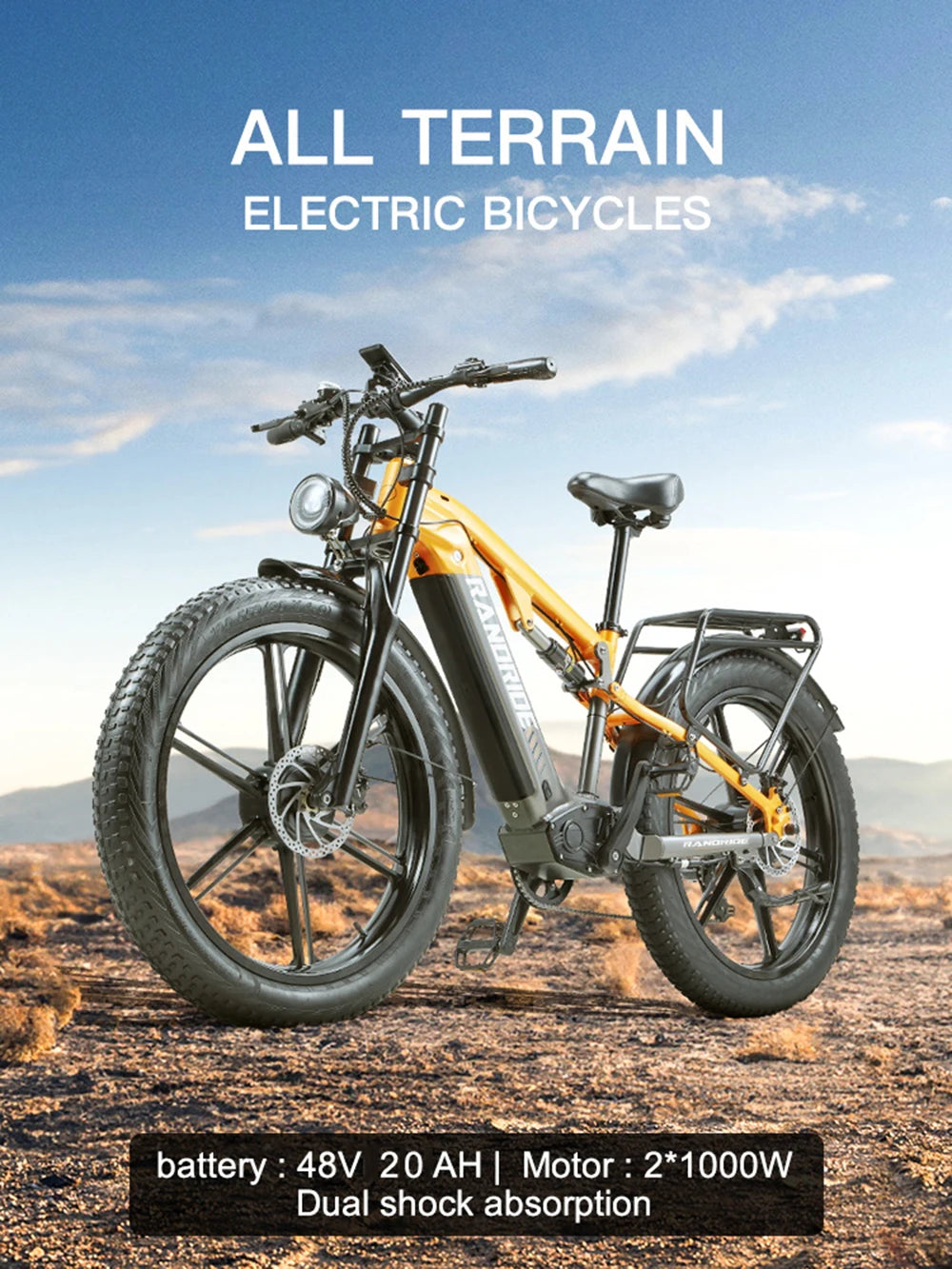 RANDRIDE YX80M-2 Electric Mountain Bike 2000W, 48V 20AH, 26-inch Fat Tire Adult E-Bike with Hydraulic Disc Brakes and 7-Speed