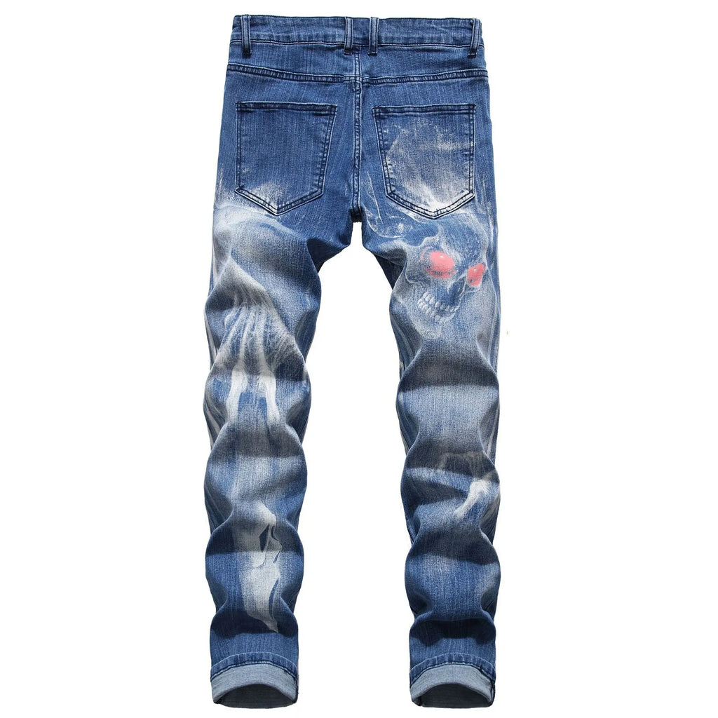 2026 Men's Blue 3D Printing Jeans, Black Wolf Pattern Printed Punk Straight Cotton Casual Print Denim Pants Asian Size 28-42
