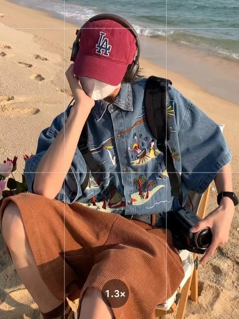 Retro American Cartoon Embroidery Denim Short Sleeve Shirt Loose Casual Summer Thin Neutral Style Men Women Outerwear
