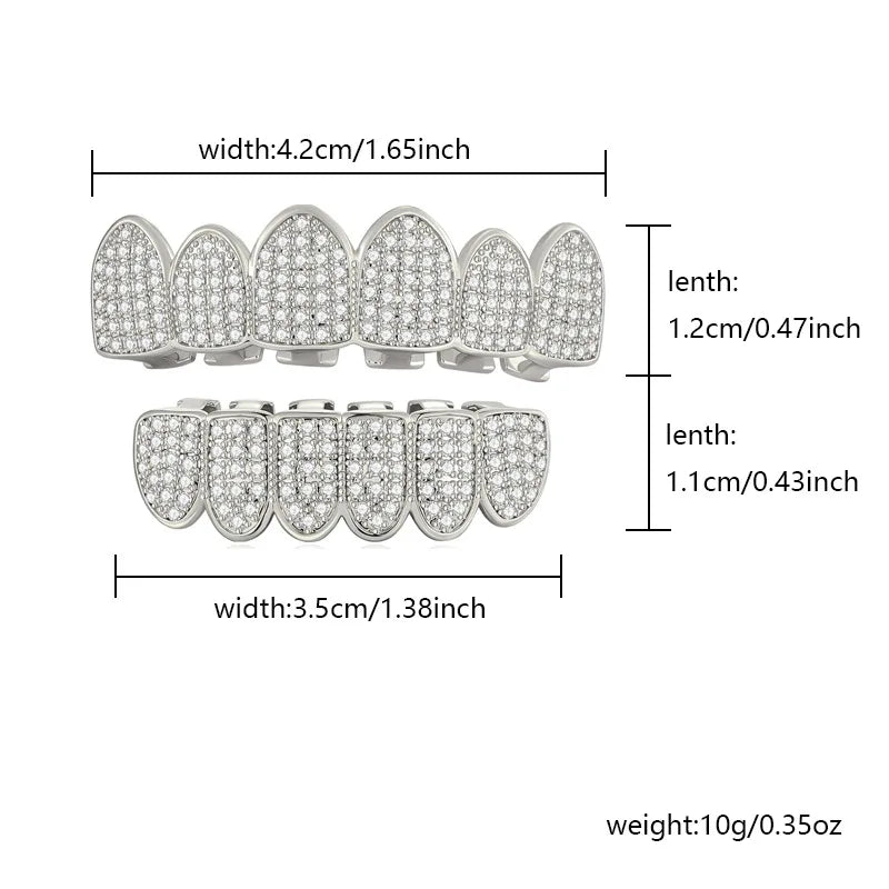HipHop CZ Teeth Set For Unisex Top Bottom Mouth Gold Silver Color Teeth Tooth Cap Removable Dental Fashion Jewelry