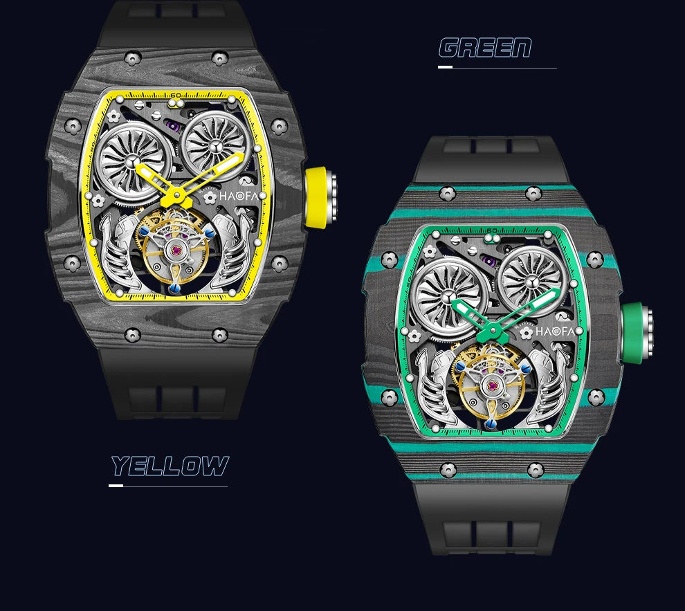 Haofa Carbon Fiber Tourbillon Mens Watch Double Spring Diver Automatic Mechanical Watches for Men Sapphire Luxury Business 1922