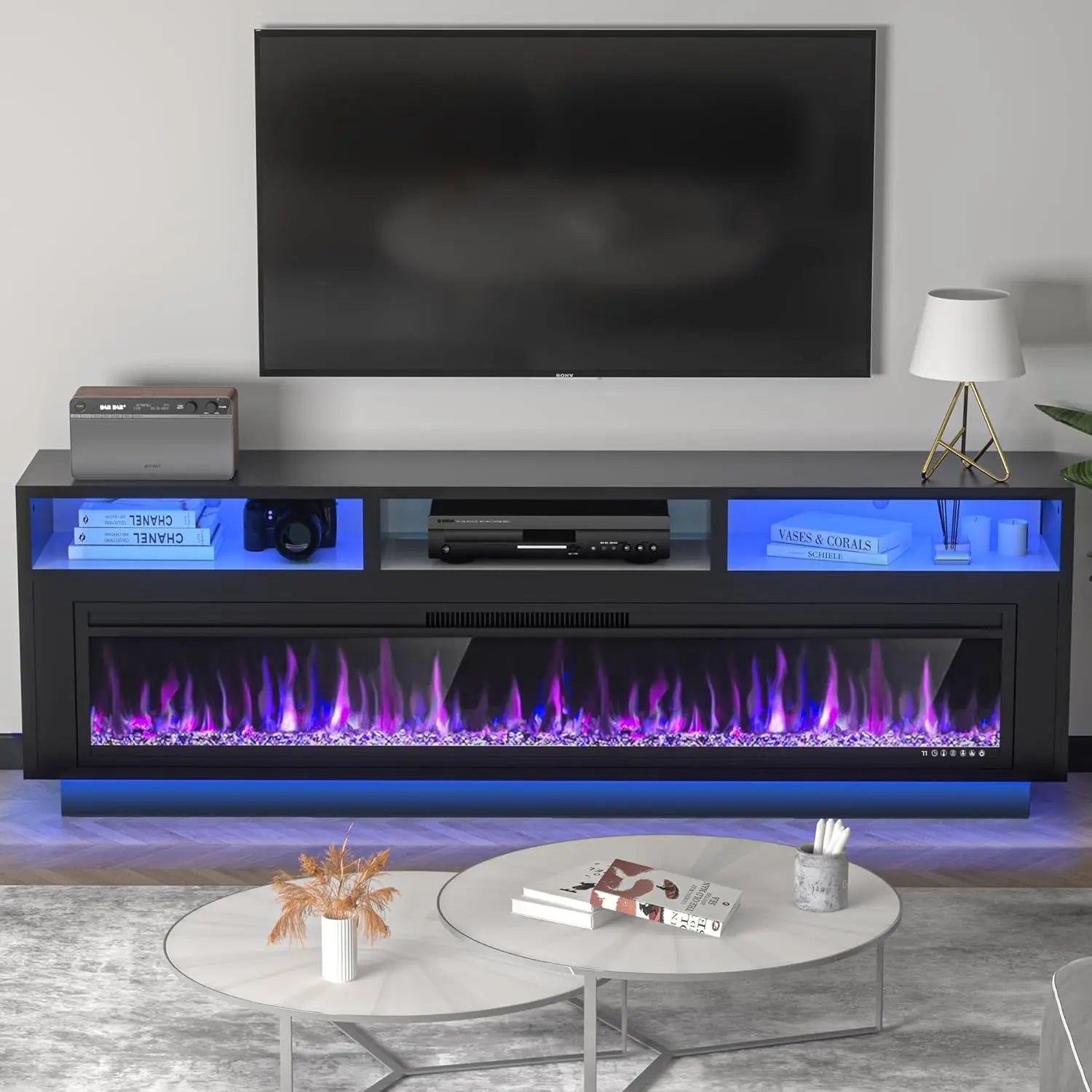 58" Fireplace TV Stand for TVs Up to 65" with 52" Electric Fireplace, TV Console for The Living Room, LED Light, Custom