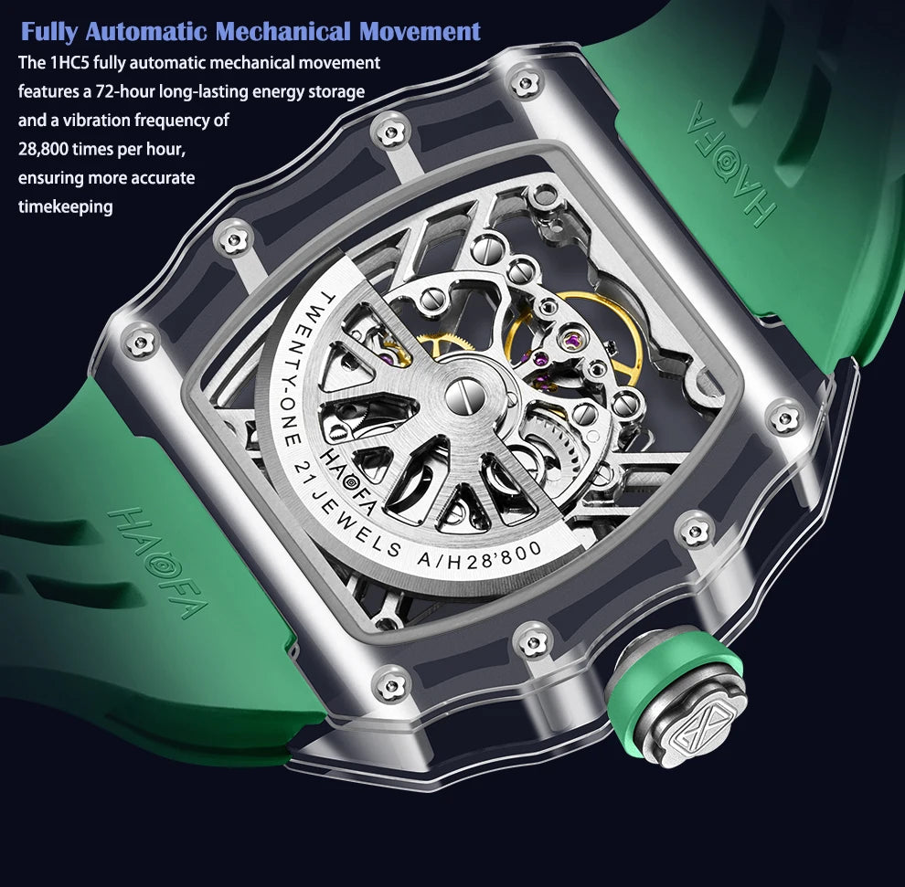 Haofa Transparent Crystal Glass Case Men's Watch Fully Automatic Mechanical Movement Luminous Fashion Watches For Man 2202