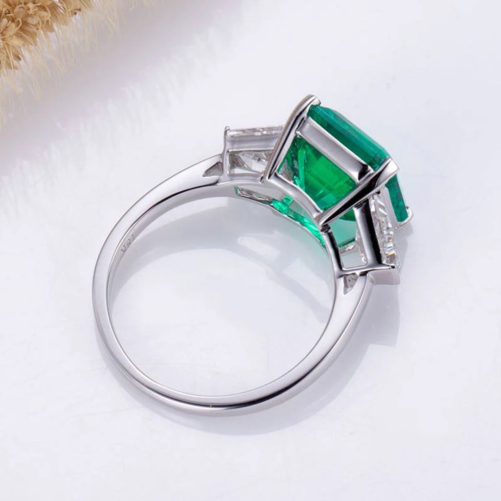 Square Emerald Cut Lab Grown Emerald Ring Three-stones 18K White Gold Lab Grown Emerald Ring Men Jewelry Gift