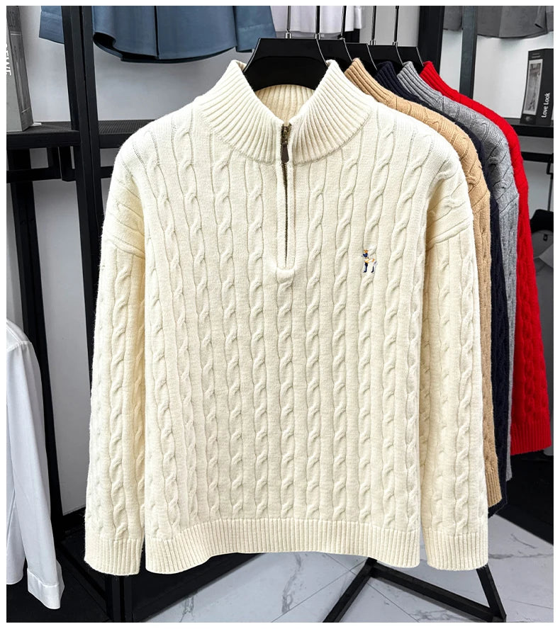 High end brand fashion jacquard sweater cartoon dog embroidery zipper semi high neck autumn winter warm men's knitted pullover