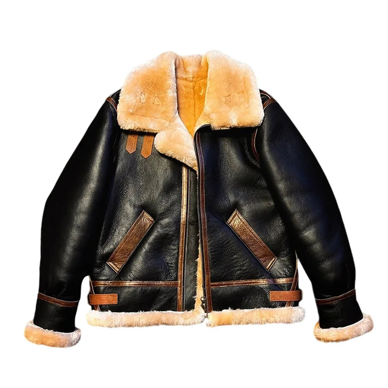 Sheepskin Suit Men's Lambskin Genuine Leather Overcoat Motorcycle Short Leather Fur Coat