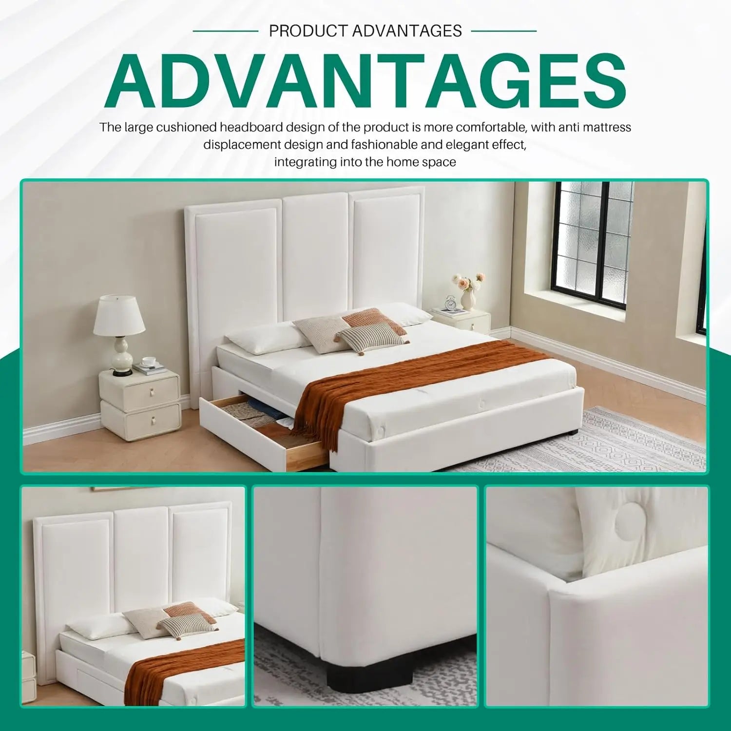 King Size Bed Frame Linen Upholstered Platform with 64-inch High Headboard And Storage Simple Airey Design Customized