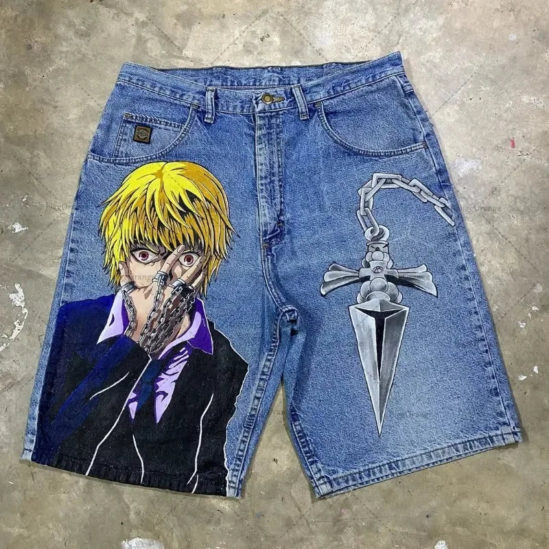 Retro American Trendy Streetwear Y2K Harajuku Anime Printed Denim Shorts Men Gothic Hip-hop Punk Loose Casual Straight Pants