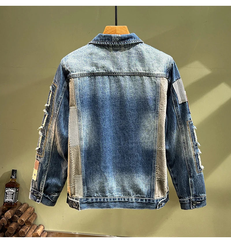 Streetwear Fashion Men Jacket High Quality Retro Blue Patched Designer Ripped Denim Jacket Men Coats Hip Hop Chaquetas Hombre