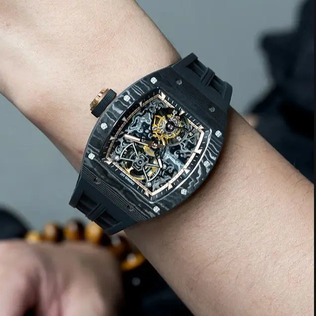 CRONUSART Men Tourbillon Watch 50mm Tonneau Mechanical Wristwatch Carbon Fiber Case & Dial Luminous Sapphire Mirror