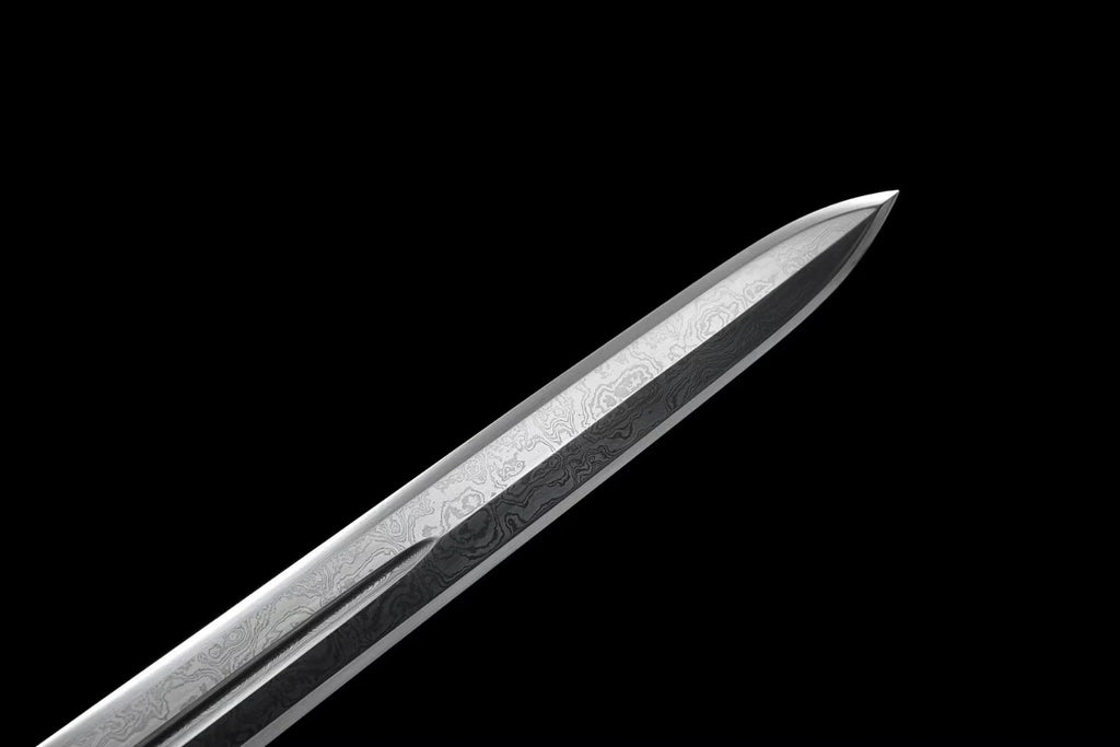 medieval Viking era samurai sword and a folded Damascus steel one-piece sword are ready for battle, handcrafted sharp weapons
