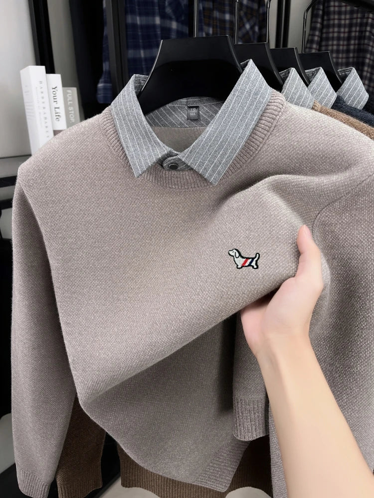 Luxury fake two piece men's knitted sweater fashion striped lapel pullover new thickened warm casual cartoon dog embroidered top