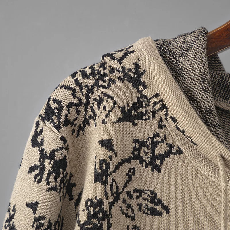 Korean Jacquard Design 2 Piece Sets Women Knitted Zipper Hooded Sweatshirt Tops Conjuntos High Waist Knitwear Sweatpants Outfit