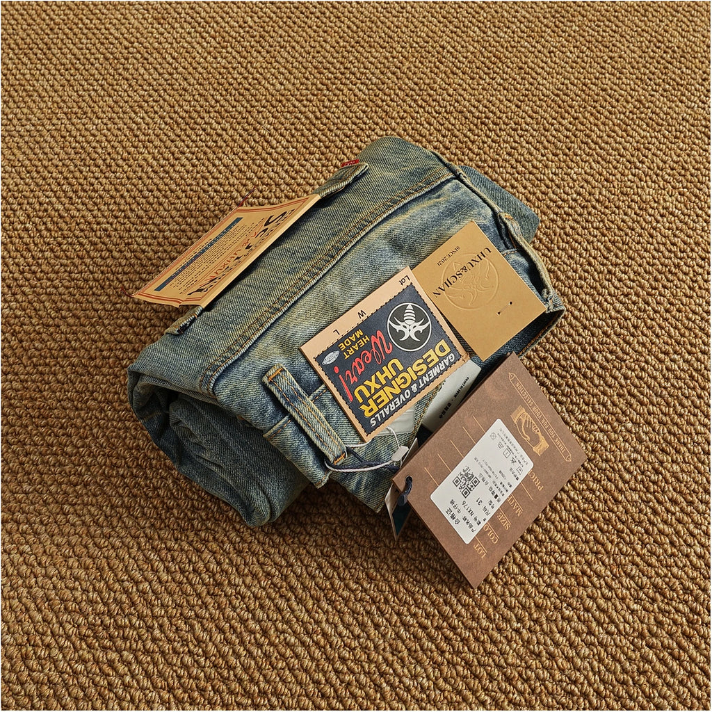 2025 Autumn New American Retro Heavyweight Ripped Denim Men's Fashion 100% Cotton Washed Old Straight Tapered Casual Jeans