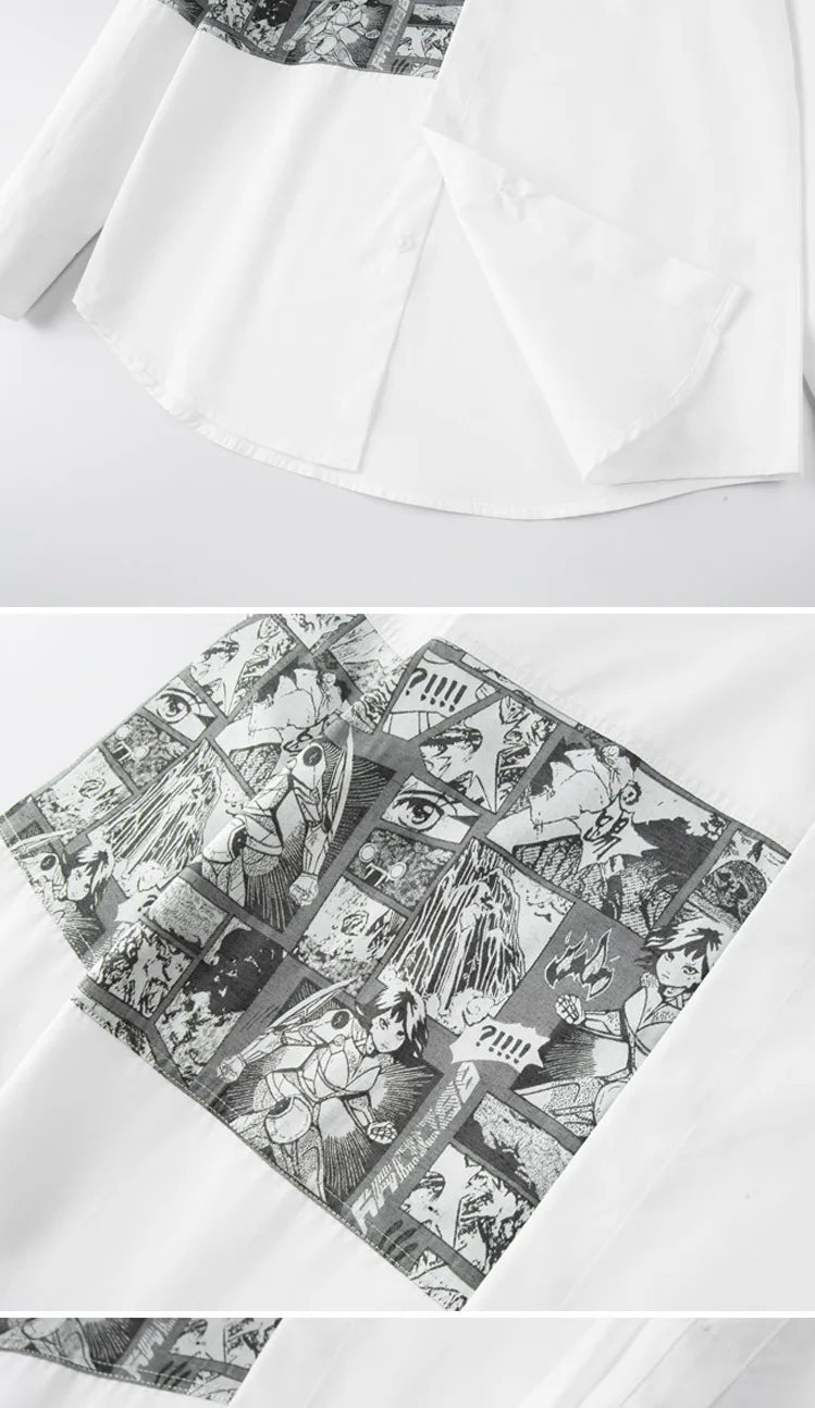 2024 Cartoon Printed Splicing Shirt for Men Long Sleeve Slim Casual Shirts Fashion Lapel Slim Fit Social Streetwear Men Clothing