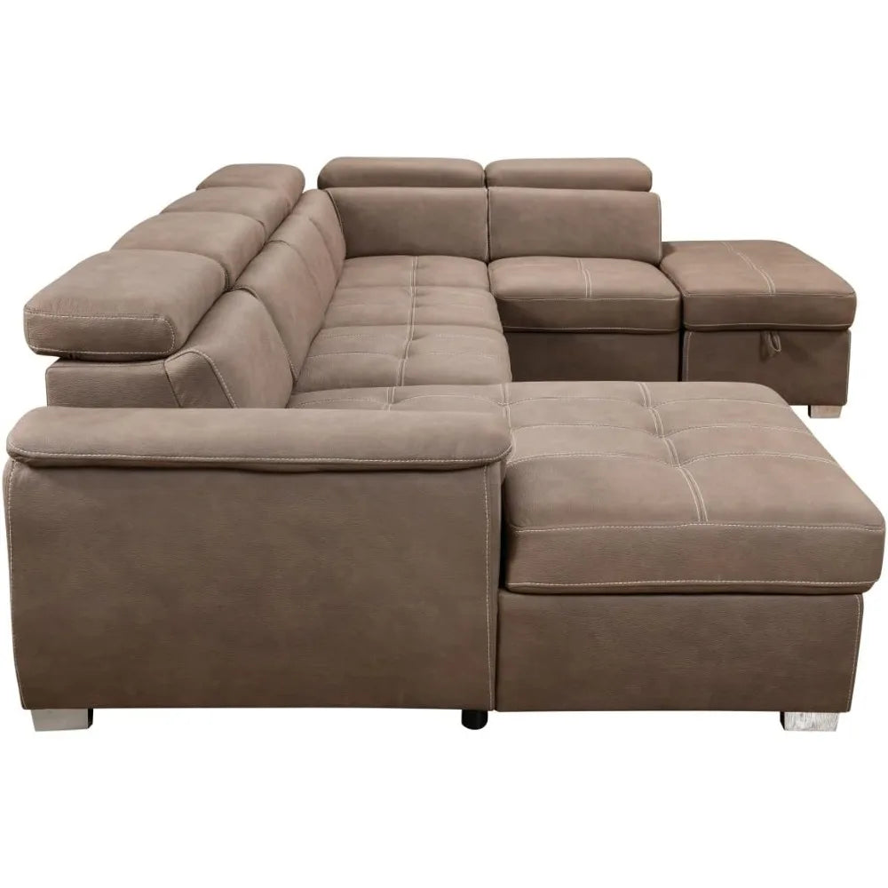 thsuper 127'' microfiber oversized u shaped sectional sleeper sofa couch with pullout bed, 7 seat couches with adjustable headre