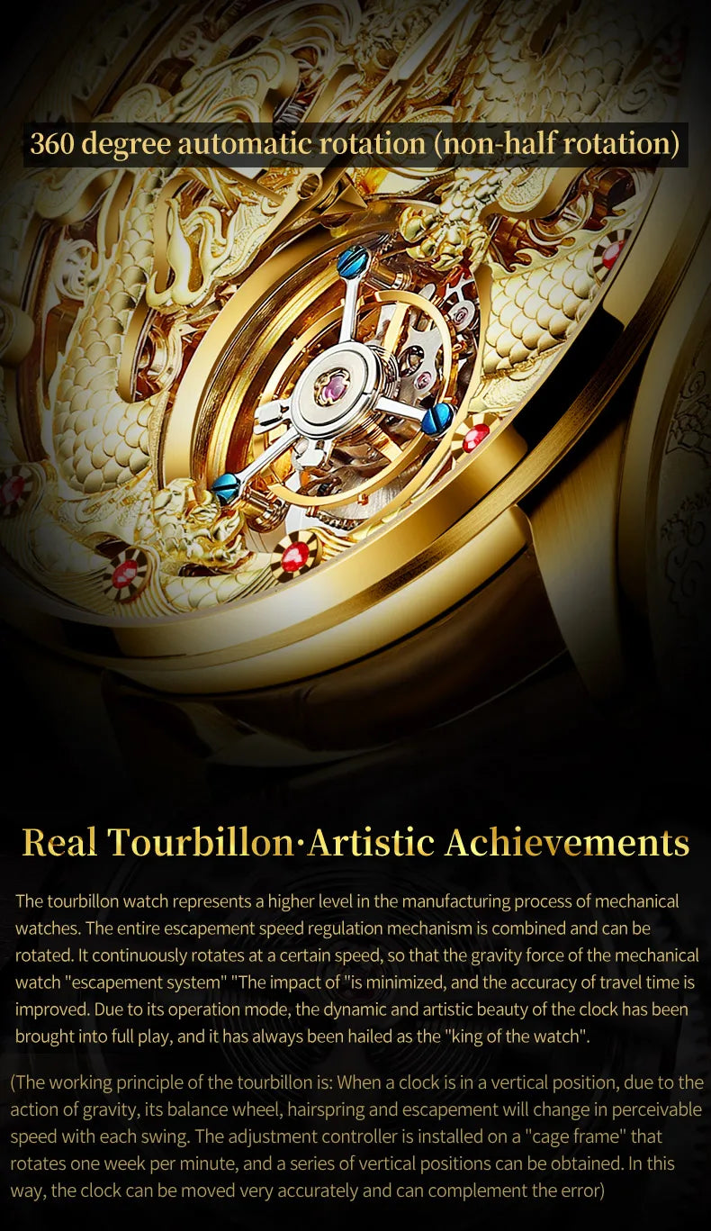 100% Golden Dragon OUPINKE 3176 True Tourbillon Watch Brand Luxury Tungsten Steel Men Automatic Mechanical Watch Reloj Hombre