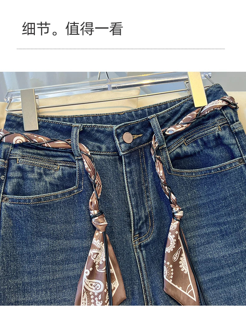 2025 Autumn New Denim Blue Wide Leg Women's Jeans Super Popular Pants with Silk Scarf Belt Fashion Straight Trousers