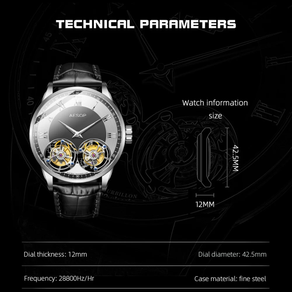 Aesop Men's Double Tourbillon Watch Hand Winding Movement Sapphire Business Fashion Male Mechanical Wristwatches Waterproof 2025